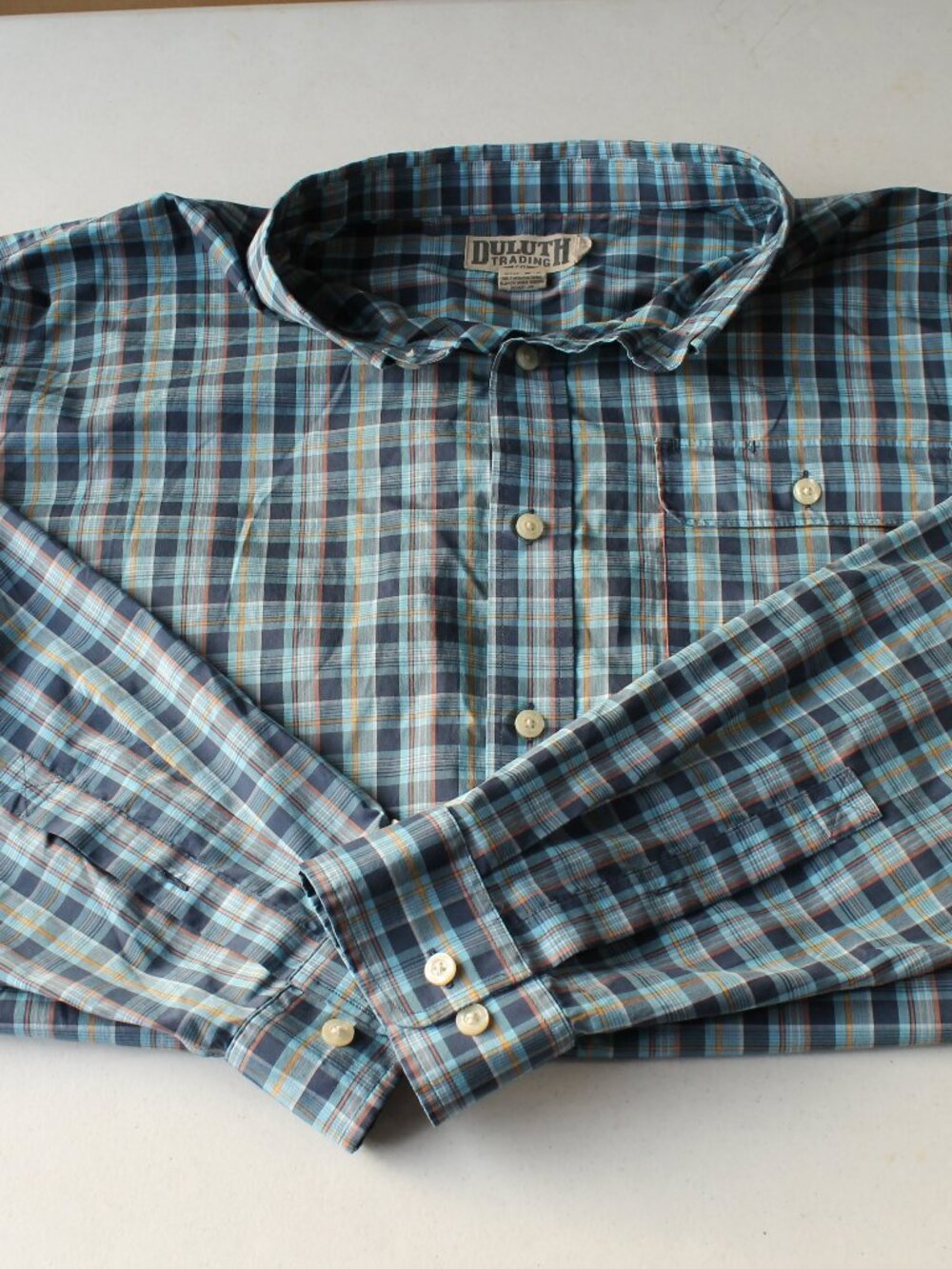 Duluth Trading Co 2XL Tall Blue Plaid CoolMax LS Button Up